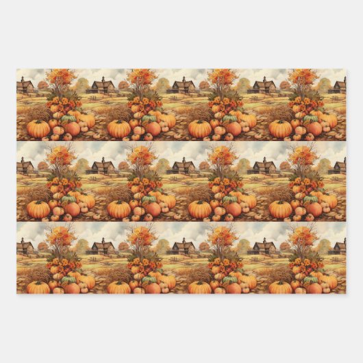 パンプキンファーム秋収穫感謝祭パターン ラッピングペーパーシート (正面)
