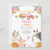 パンプキンファーム納屋周囲の庭ピンクガールパーティー誕生日 招待状 (正面)