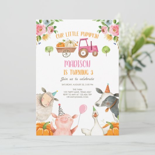 パンプキンファーム納屋周囲の庭ピンクガールパーティー誕生日 招待状 (スタンド正面)