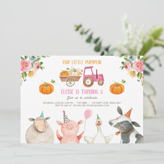 パンプキンファーム納屋周囲の庭秋ガールパーティー誕生日 招待状 (スタンド正面)