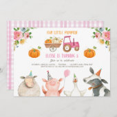 パンプキンファーム納屋周囲の庭秋ガールパーティー誕生日 招待状 (正面/裏面)