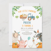 パンプキンファーム納屋周囲の庭秋ボーイパーティー誕生日 招待状 (正面)