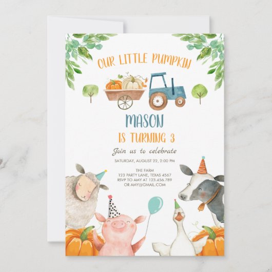 パンプキンファーム納屋周囲の庭秋ボーイパーティー誕生日 招待状 (正面)