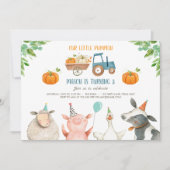 パンプキンファーム納屋周囲の庭秋ボーイパーティー誕生日 招待状 (正面)