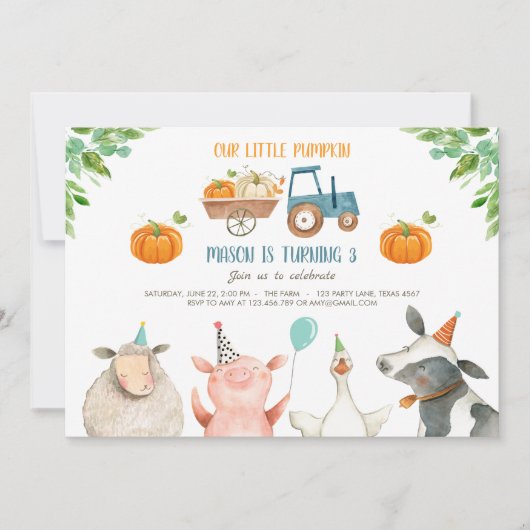 パンプキンファーム納屋周囲の庭秋ボーイパーティー誕生日 招待状 (正面)