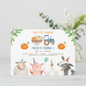 パンプキンファーム納屋周囲の庭秋ボーイパーティー誕生日 招待状 (スタンド正面)