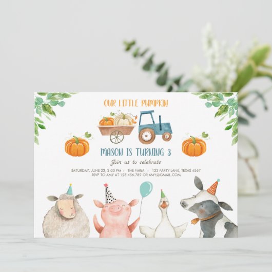 パンプキンファーム納屋周囲の庭秋ボーイパーティー誕生日 招待状 (スタンド正面)