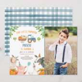 パンプキンファーム納屋周囲の庭秋ボーイパーティー誕生日 招待状 (正面/裏面)