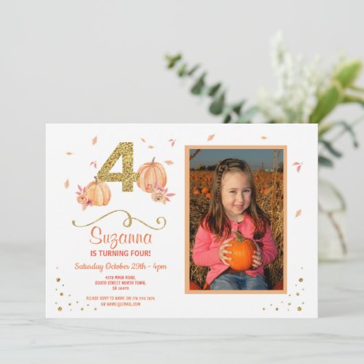 パンプキンフォー誕生日第4秋パーティーフォト招待状 招待状 (スタンド正面)