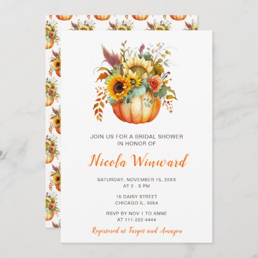パンプキンフラワーブーケブライダルシャワー 招待状 (正面/裏面)