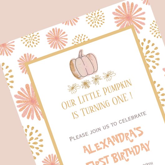 パンプキンフローラルピンクゴールドハロウィン1歳の誕生日 招待状