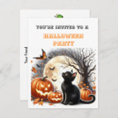 パンプキンブラックキャットキッズハローウィンパーティ招待状 (正面/裏面)