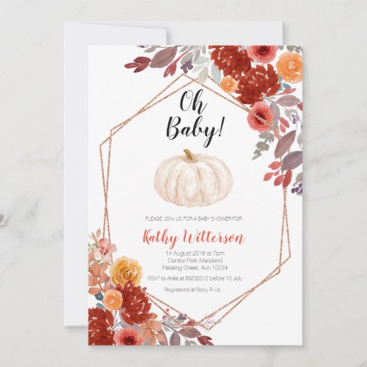 パンプキンブルガンディマルサラフローラオ赤ちゃんシャワー 招待状 (正面)