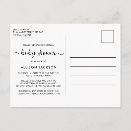 パンプキンブルーウォーター色男の赤ちゃんバーチャルシャワー インビテーションポストカード (裏面)