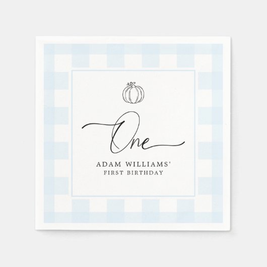 パンプキンブルーギンガムファースト誕生日紙ナプキン スタンダードカクテルナプキン (正面)