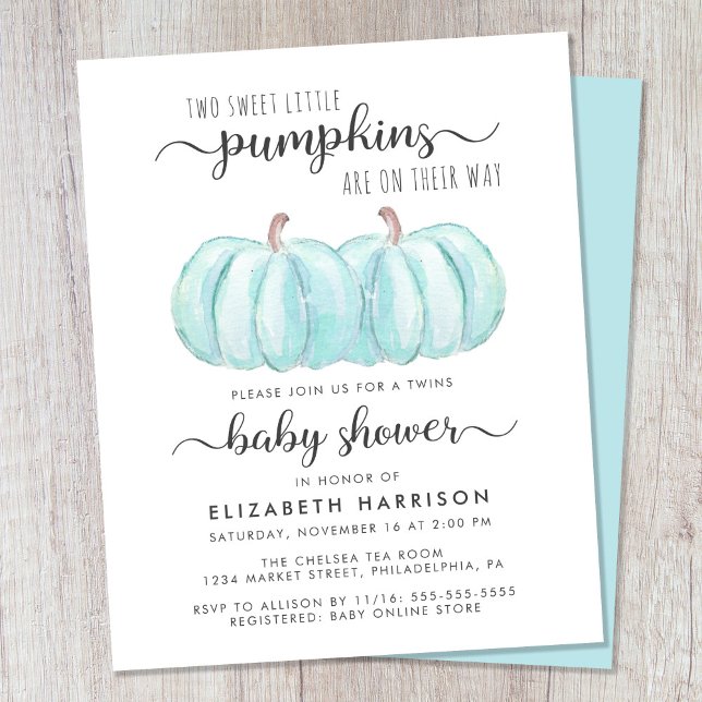 パンプキンブルーツイン男の赤ちゃんシャワー招待状 (Celebrate the upcoming arrival of your autumn twin baby boys with a pumpkin-themed baby shower)