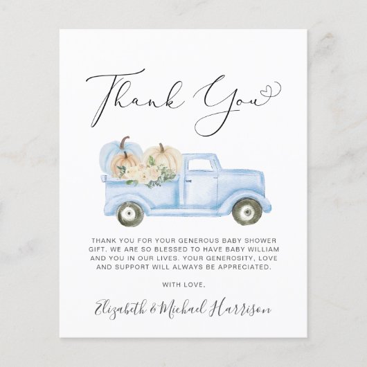 パンプキンブルートラック男の赤ちゃんシャワーサンキューカード (正面)