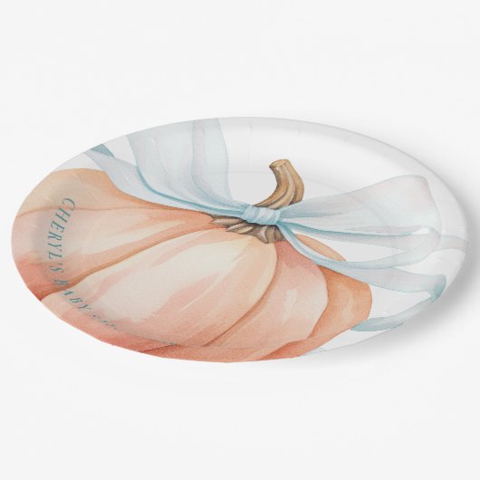 パンプキンブルーボウベビーシャワー ペーパープレート (アングル)