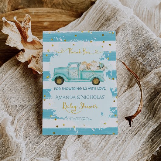 パンプキンブルー金ゴールド秋秋ベビーシャワー サンキューカード