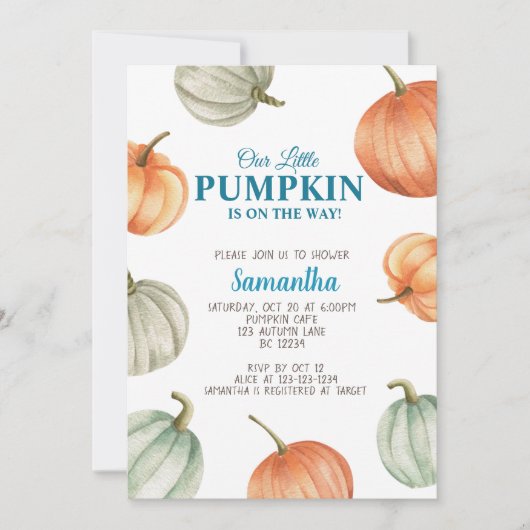 パンプキンベイビーシャワー招待状、秋のベイビースプリンクラー 招待状 (正面)