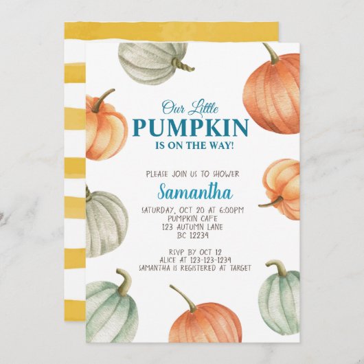 パンプキンベイビーシャワー招待状、秋のベイビースプリンクラー 招待状 (正面/裏面)