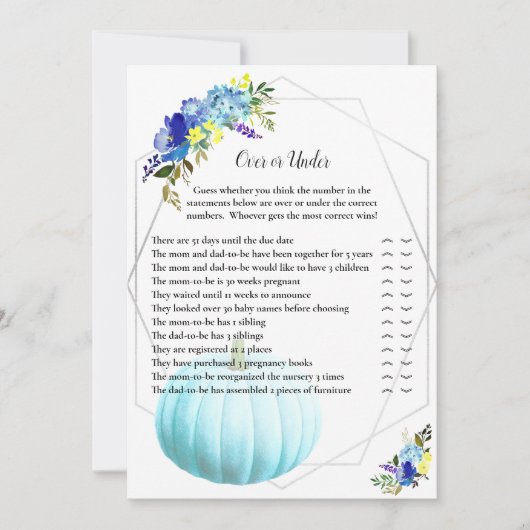 パンプキンベイビーシャワー オーバー・オア・アンダー | ブルー 招待状 (正面)