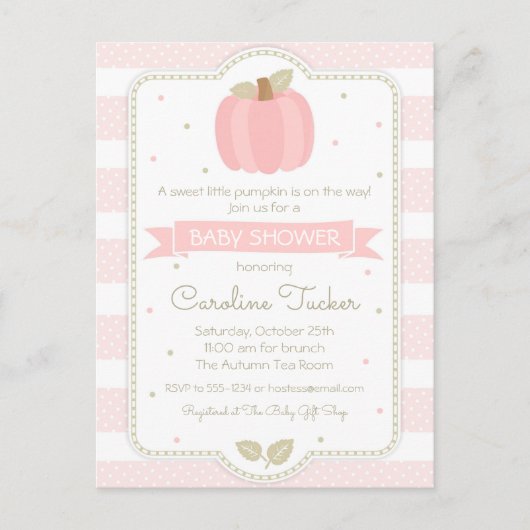 パンプキンベビーガールピンクベビーシャワー招待状 ポストカード (正面)