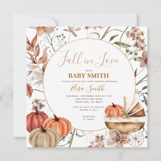 パンプキンベビーキャリッジ秋インラブベビーシャワー 招待状 (正面)