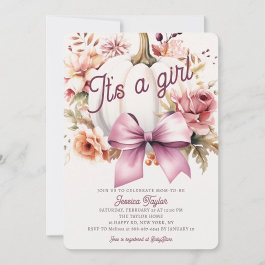 パンプキンホワイトピンクリボンガール秋ベイビーシャワー 招待状 (正面)