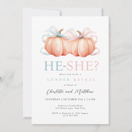 パンプキンボウピンクブルージェンダーリビール招待状 招待状 (正面)