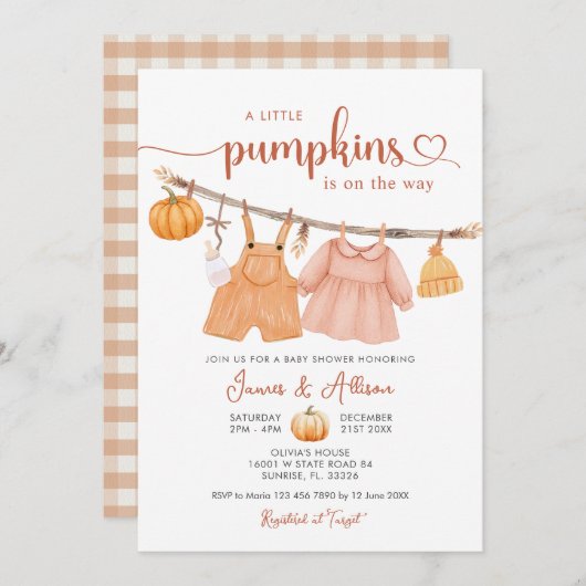 パンプキンボホベビー衣服赤ちゃんシャワー招待状 招待状 (正面/裏面)