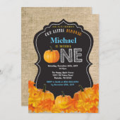 パンプキンボーイファースト誕生日招待状ブルーバーラップ 招待状 (正面/裏面)