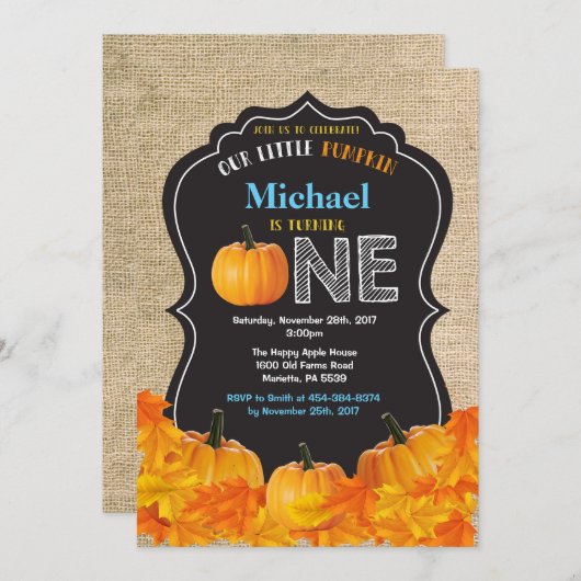 パンプキンボーイファースト誕生日招待状ブルーバーラップ 招待状 (正面/裏面)