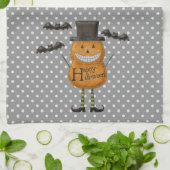 パンプキンマン – ハッピーハローウィン – グレー水玉模様 キッチンタオル (折り畳み)