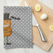 パンプキンマン – ハッピーハローウィン – グレー水玉模様 キッチンタオル (四つ折り)