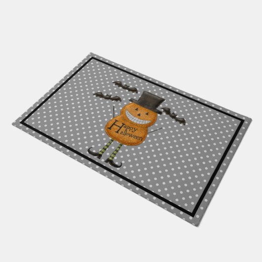 パンプキンマン – ハッピーハローウィン – グレー水玉模様 ドアマット (アングル)