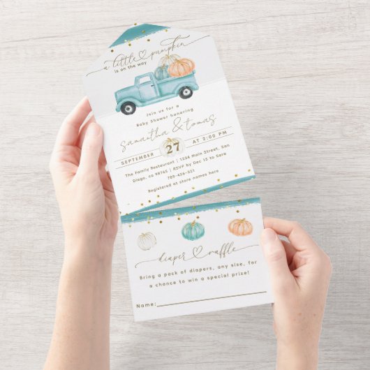 パンプキンミニマルモダンリスト秋男の赤ちゃんシャワー オールインワン招待状 (貼ってはがせる)