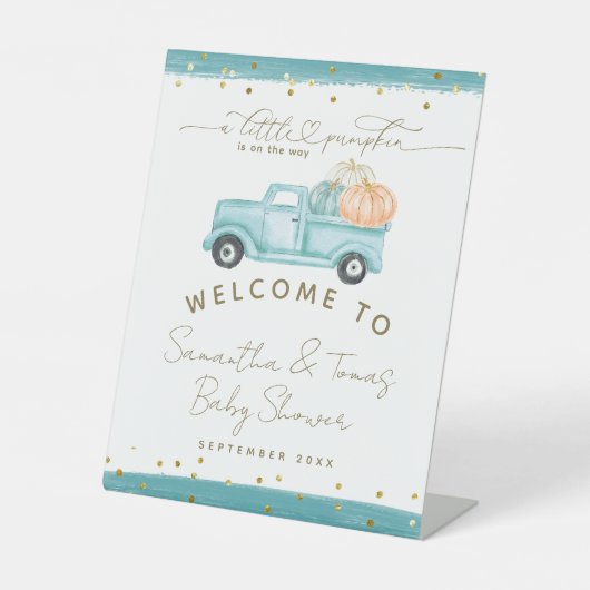 パンプキンミニマルモダンリスト秋男の赤ちゃんシャワー 台座サイン (正面)