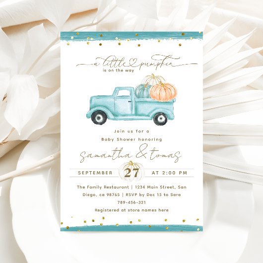 パンプキンミニマルモダンリスト秋男の赤ちゃんシャワー 招待状