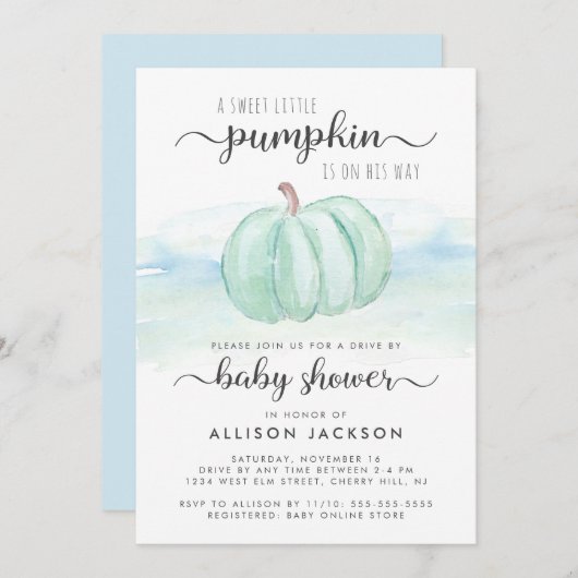 パンプキンミントブルー男の赤ちゃんドライブバイシャワー 招待状 (正面/裏面)