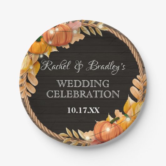 パンプキンライトオータム素朴秋ウッドバ結婚ンズ ペーパープレート (正面)