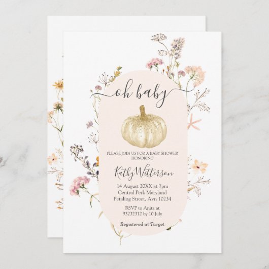 パンプキンワイルドフラワーウォーターカラーベビーショー招待状 招待状 (正面/裏面)