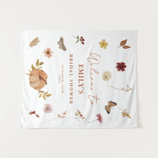 パンプキンワイルドフラワーボホブライダルシャワーウェルカムサイン タペストリー (正面(横))