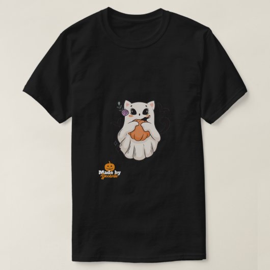 パンプキン付きのゴースト女性ネコ Tシャツ (デザイン正面)