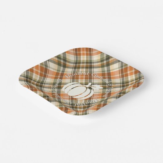 パンプキン付きソフトオレンジ、グリーン&クリームプレイド ペーパープレート (傾斜あり)