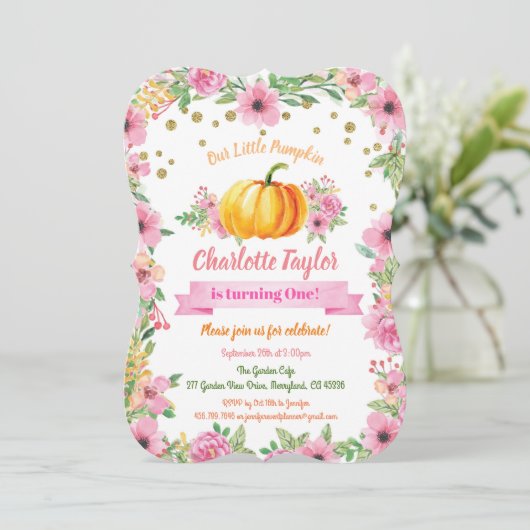 パンプキン初誕生日写真の招待ピンク 招待状 (スタンド正面)