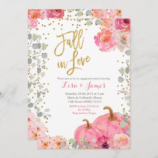 パンプキン婚約パーティ秋インラブ婚約 招待状 (正面/裏面)