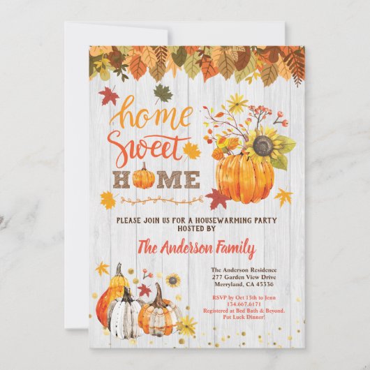 パンプキン引っ越し祝いパーティーパーティーラスティックウッド秋 招待状 (正面)