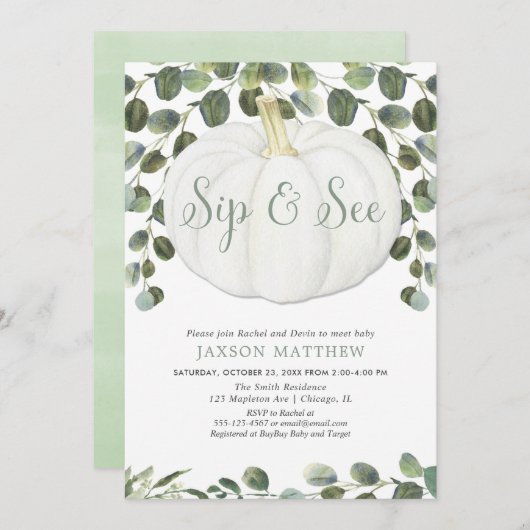 パンプキン男女兼用の赤ちゃんシャワーを飲んで見る 招待状 (正面/裏面)