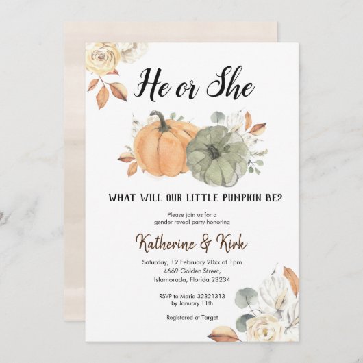 パンプキン秋の性別発表パーティー招待状 招待状 (正面/裏面)